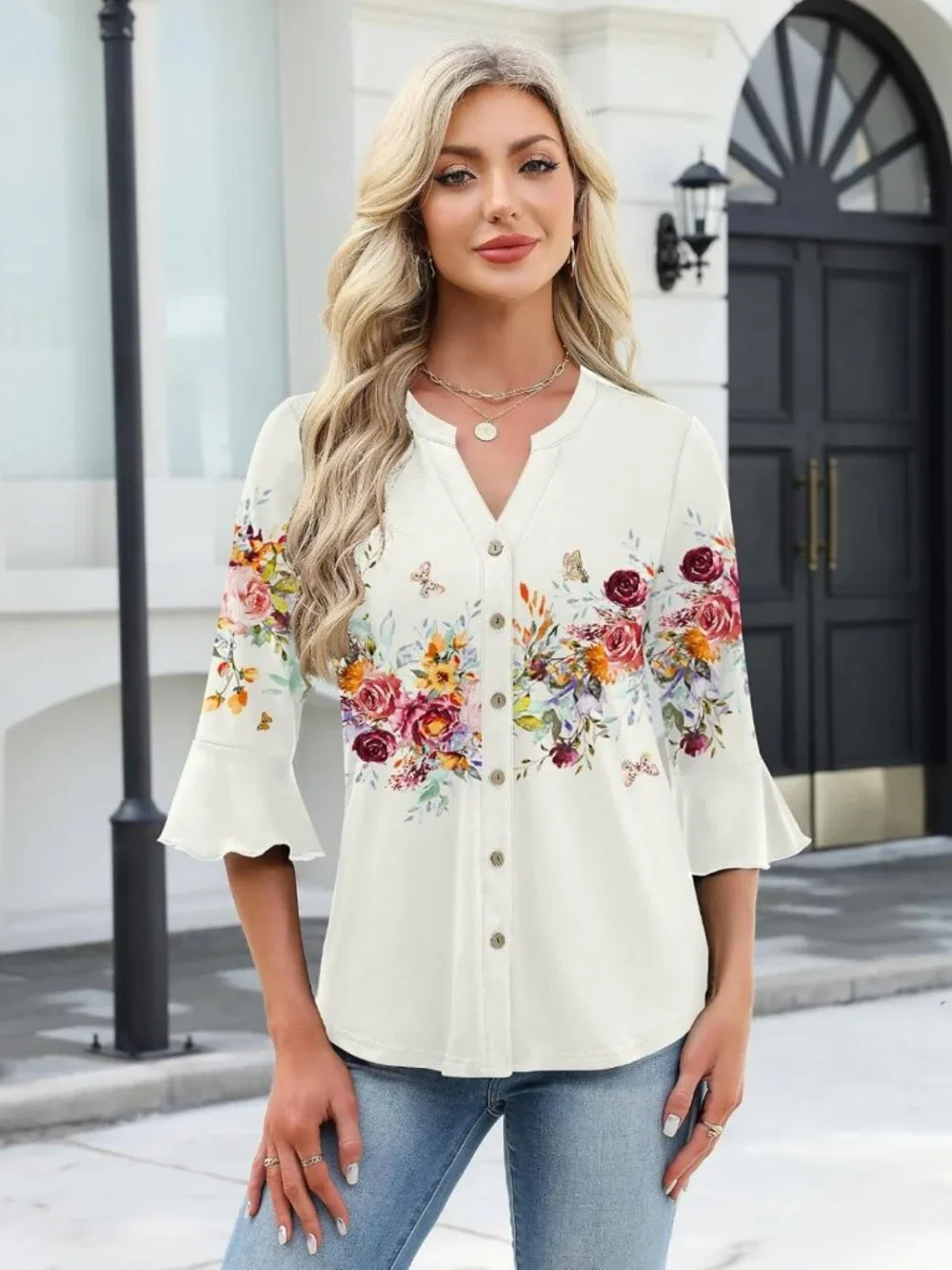 Casual Summer V-Neck Tunic Top for Women | 3/4 Sleeve Ruffle Bell Sleeve Tee